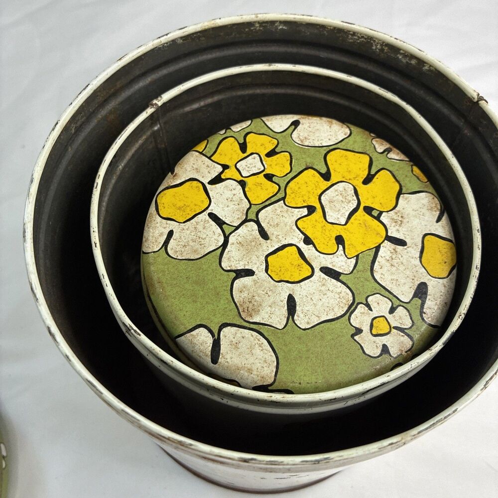 Ballonoff Daisy Tin Set Canister Dustpan Avocado Green Yellow Flower Rusty Vtg - Picture 4 of 16